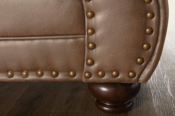 Leinster Faux Leather Sofa and Loveseat with Antique Bronze Nailheads in Jetson Ginger