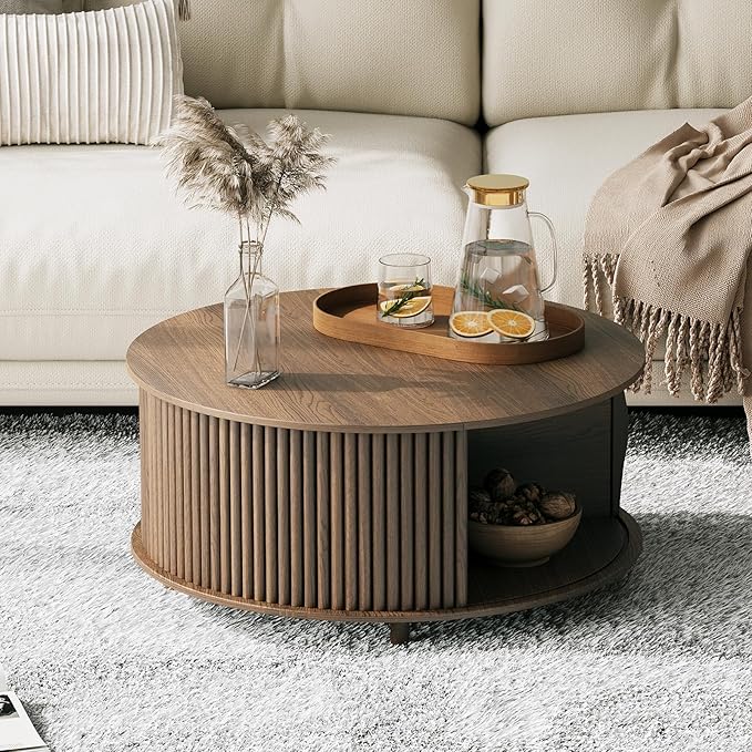 Round Coffee Table with Storage, 31.5" Mid Century Modern Coffee Table with Sliding Door & Solid Wood Legs, Minimalist Fluted Center Table for Living Room, Home Small Space, Walnut