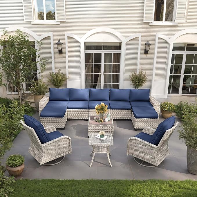 11-Piece Outdoor Patio Furniture Set with Rocking Swivel Chair Wicker Sectional Sofa Set, Patio Conversation Set with Ottomans & Coffee Table for Garden, Backyard, Poolside, Navy Blue