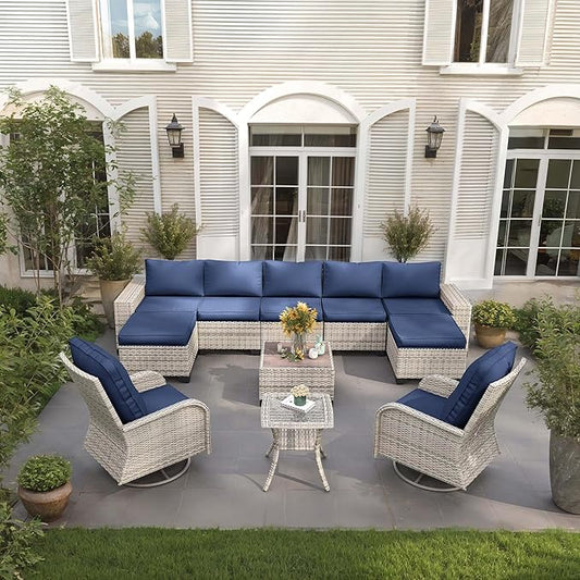 11-Piece Outdoor Patio Furniture Set with Rocking Swivel Chair Wicker Sectional Sofa Set, Patio Conversation Set with Ottomans & Coffee Table for Garden, Backyard, Poolside, Navy Blue