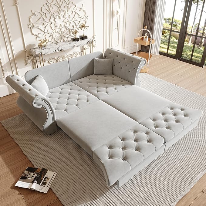 Eafurn Oversized 3-Seater Chesterfield Loveseat Convertible Queen Size Sleeper Couch Bed,Classic Tufted Velvet Pull Out Loveseat Sofa Bed with Roll Armrest and Solid Wood Legs