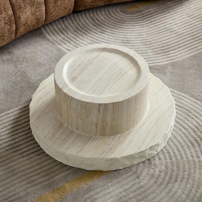Round Coffee Table Set of 2, Faux Marble Pattern Center Table Imitation Stone Cement Table with Side Table for Living Room Apartment (Fiberglass 31.69" & 23.82")