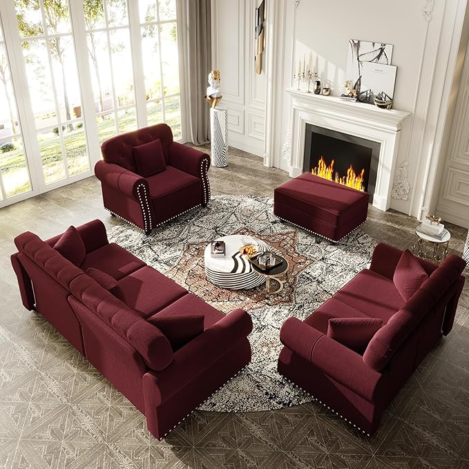 KEIKI 3-Piece Chesterfield Sofa Set with 1 Velvet 3-Seater Sofa & 1 Loveseat & 1 Single Sofa, 6-Seater Couch Set with Nailhead Trim & Rolled Arms & 1 Ottoman & 6 Pillow, for Living Room, Burgundy