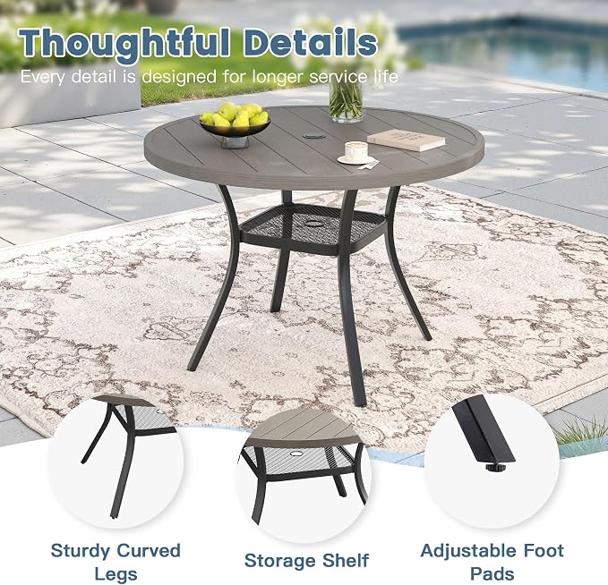DIFY Outdoor Dining Set for 4, Patio Dining Furniture Set Includes 42" Grey Wood-Like Round Table with Adjustable Umbrella Hole and 4 Grey Stackable Metal Chairs for Poolside, Garden, Backyard - Image 4