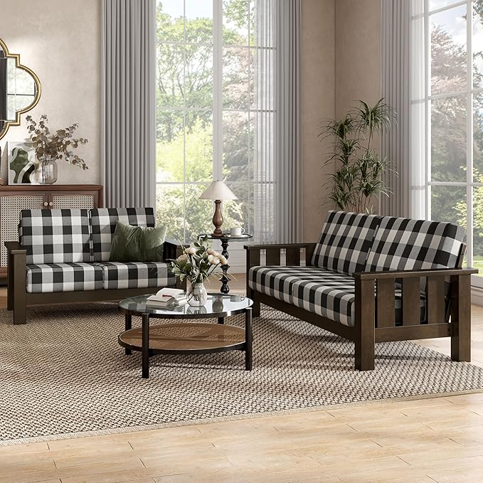Furniture of America Gavik Modern 2-Piece Solid Wood Sofa Set with Plaid Removable Cushions, Black and White Upholstery Fabric, Comfortable Couch and Loveseat for Living Room, Dark Walnut