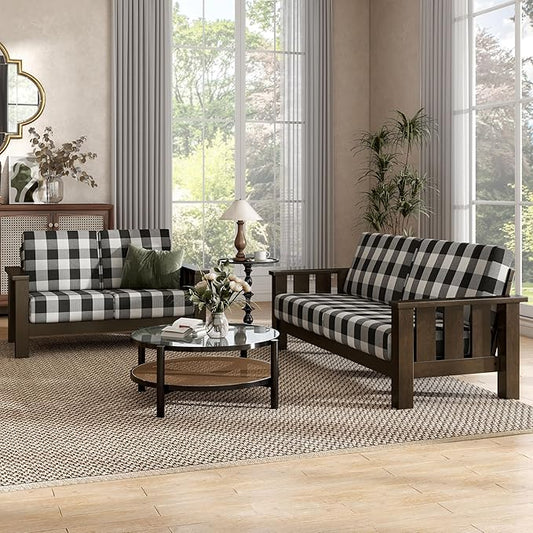 Furniture of America Gavik Modern 2-Piece Solid Wood Sofa Set with Plaid Removable Cushions, Black and White Upholstery Fabric, Comfortable Couch and Loveseat for Living Room, Dark Walnut