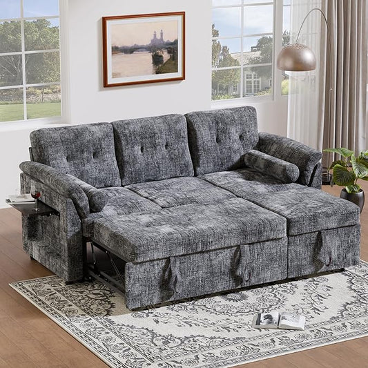 3 in 1 Convertible Sofa Bed, Chenille Pull Out Couch with Side Table, 3 Seat Pull Out Sofa Bed with Level Adjustable Backrest, Comfy Sleeper Sofas for Living Room, Apartment, Gray