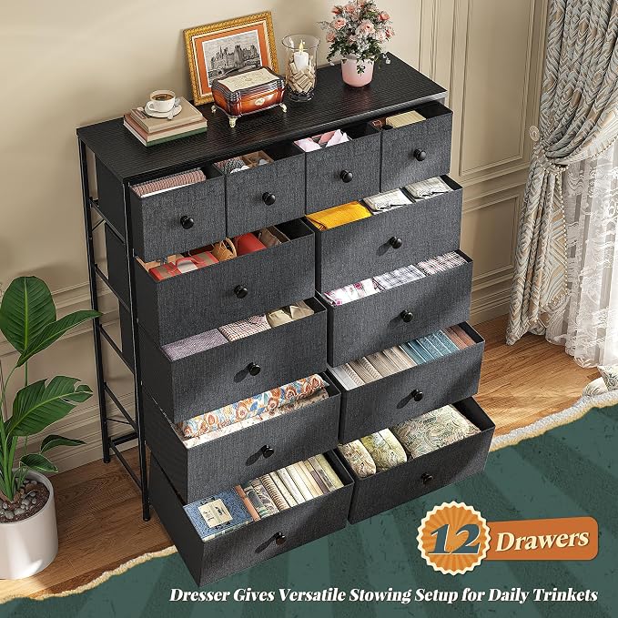 Romorgniz Dresser for Bedroom Tall Dresser with 12 Drawers Fabric Dressers & Chests of Drawers, Bedroom Dresser with Metal Frame, Wood Top, Entryway Living Room Closet, Dark Grey - Image 4