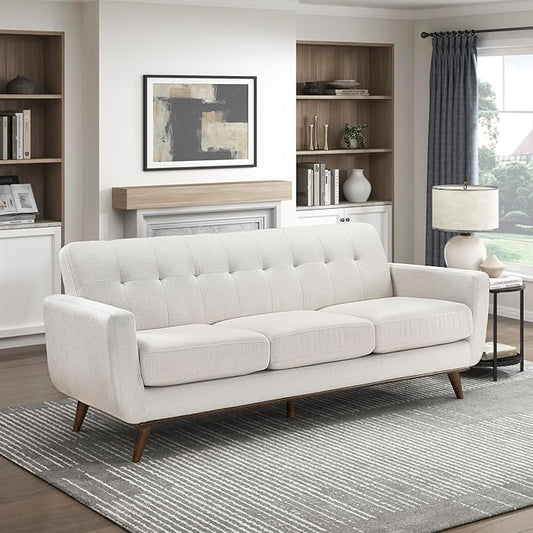 Lexicon Modern Accent Couch, Textured Fabric Upholstered Sofa with Brown Wood Legs, Track Arms, Tufted Couch Back, 3 Seater Sofa for Living Room/Office/Waiting Room, Beige
