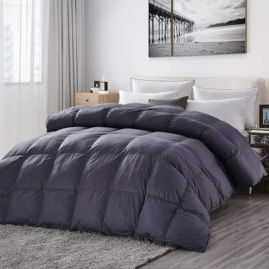 Luxurious All-Season Goose Down Fiber Comforter Duvet Insert, Classic Gray, Premium Baffle Box, 100% Egyptian Cotton Cover, 55 oz. Fill Weight (Twin)