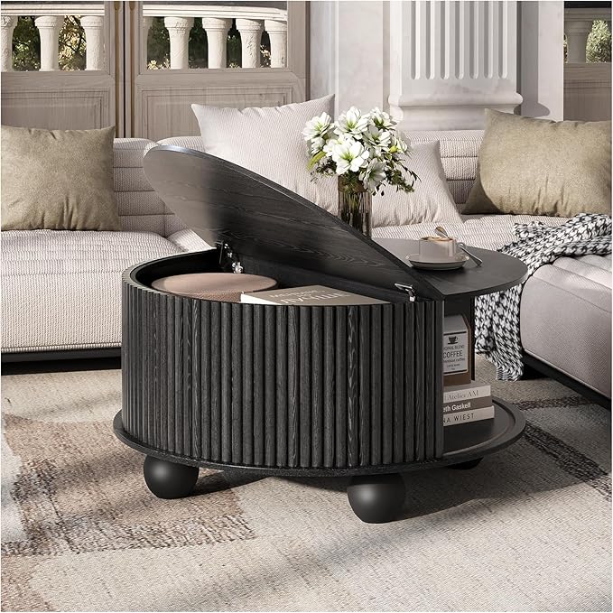 Round Coffee Table with Storage, 31.5" Mid Century Modern Coffee Table with Sliding Door & Bun Feet, Minimalist Fluted Center Table for Living Room, Home Small Space, Black