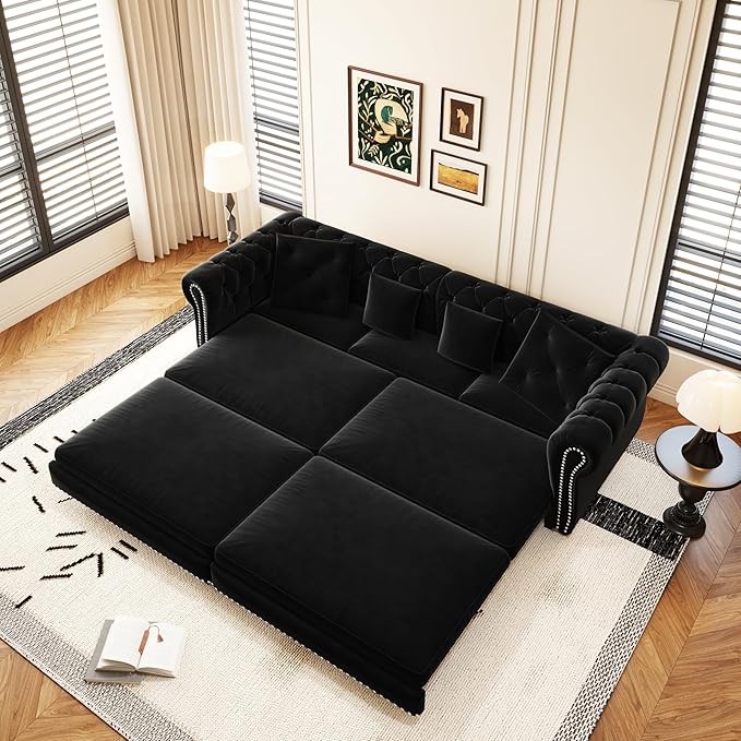 Eafurn 3 in 1 Oversized Chesterfield Loveseat Sofa Convertible Pull Out Sleeper Sofabed King Size Couch Bed w/Movable Ottoman and Nailhead Trim for Living Room Tufted Velvet Recliner Daybed Sofacama