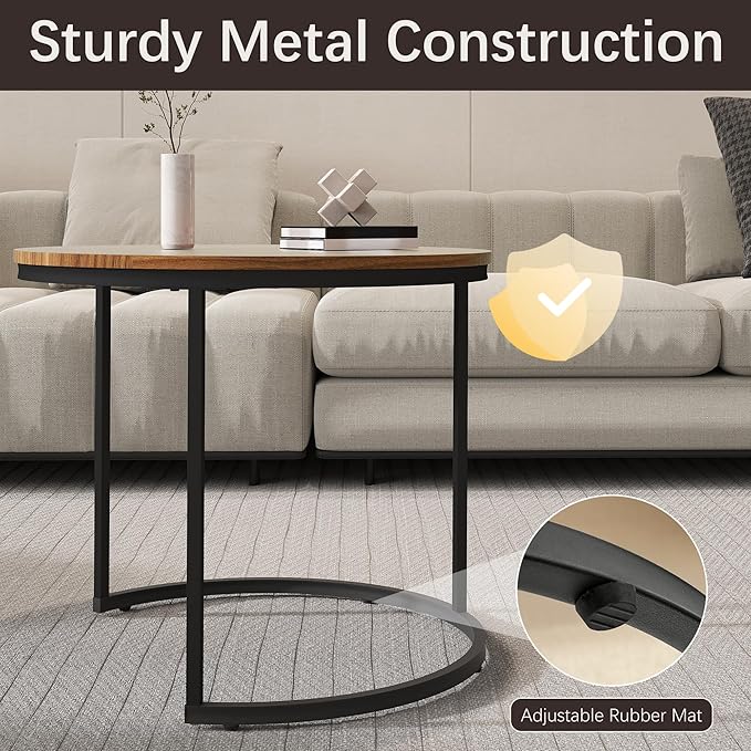 Nesting Tables Set of 2, Wood Grain Brown Round Coffee Table, Small Nesting Coffee Table with Adjustable Non-Slip Fee, Wood Grain Top Nesting Tables for Living Room, Bedroom