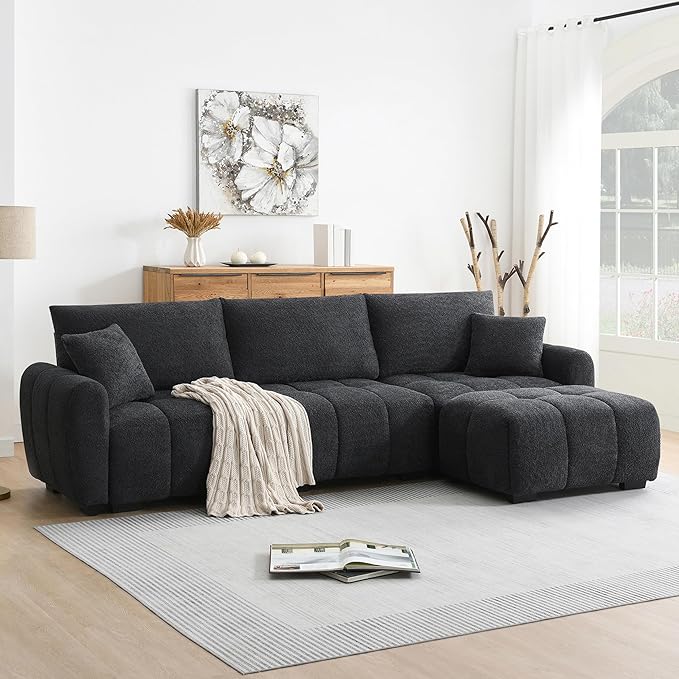 ERYE 110" L-Shaped Sectional Sofa 4 Seat Tufted Sofa Couches with Ottoman, Oversized Tufted Boucle Upholstered Corner Sectional Couch for Living Room Home Apartment