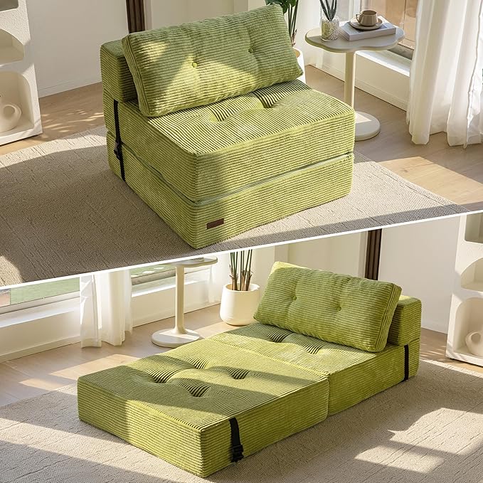 MAXYOYO Folding Sofa Bed, Convertible Sofa Bed with High-Density Support Foam, Portable 4 in 1 Fold Out Chair to Floor Lounger, Versatile Floor Couch for Living Room Bedroom, Green