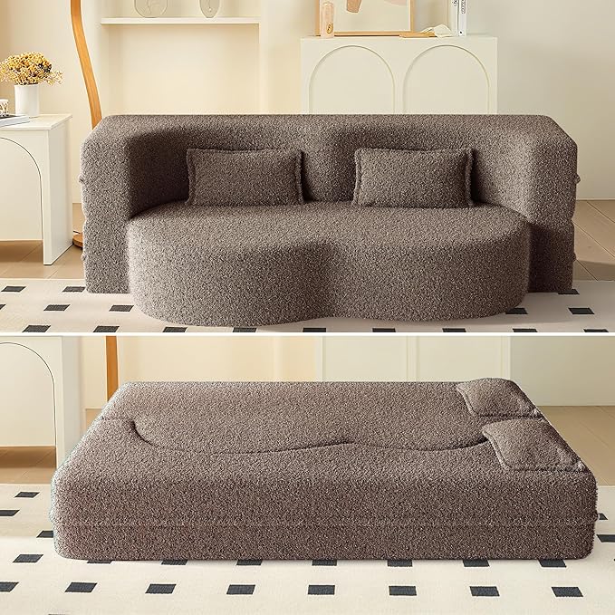 78" Convertible Sofa Bed, 2-in-1 Folding Floor Couch with 2 Pillows, Sleeper Sofa for Living Room and Bedroom, No Assembly Required (Brown, Teddy Fabric)
