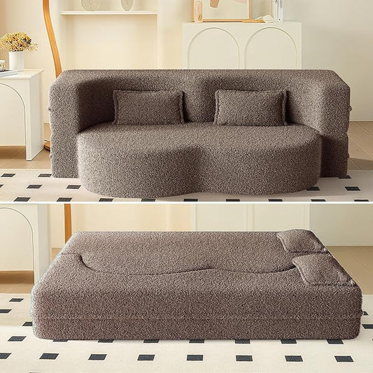 78" Convertible Sofa Bed, 2-in-1 Folding Floor Couch with 2 Pillows, Sleeper Sofa for Living Room and Bedroom, No Assembly Required (Brown, Teddy Fabric)