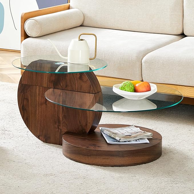 35.4" Glass Coffee Table, Round Coffee Table, 2-Tier Tempered Glass Tabletop with Walnut Base, Modern Center Table for Living Room, Home, Apartment, Ideal for Small Space