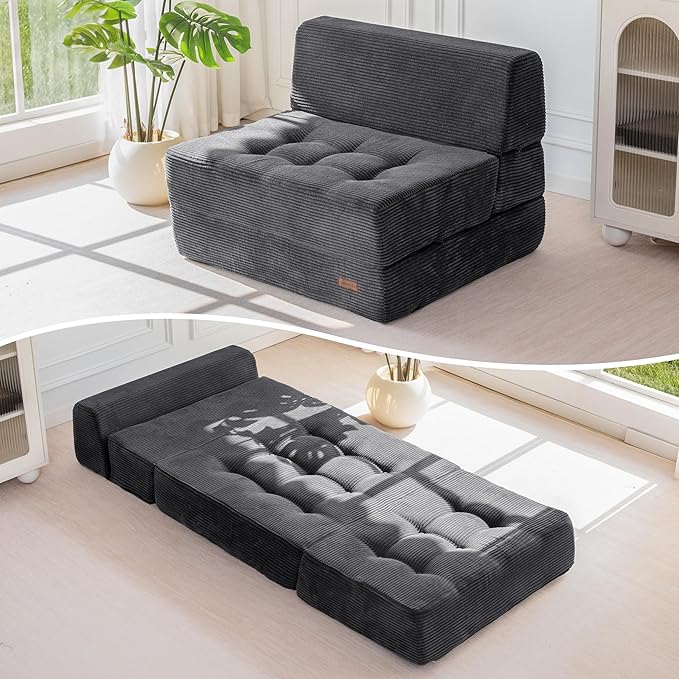 MAXYOYO 8" Folding Sofa Bed, Convertible Sleeper Sofa Lounger Foldable Mattress, Wedge Shape Floor Couch Tufted Fold Out Chair Bed Comfy Floor Couch Lounge for Living Room Bedroom, Single, Dark Grey