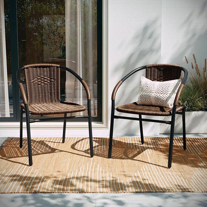 EMMA + OLIVER Set of 2 Modern Rattan Indoor/Outdoor Stack Chairs, Stacking Rattan Patio Chairs with Curved Back and Cross Bracing, Brown by EMMAOLIVER