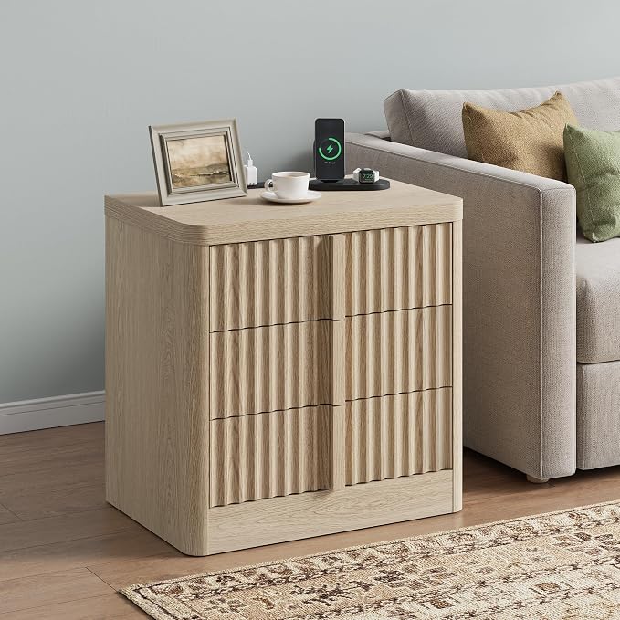 YANSNWO 23.6" Nightstand with Charging Station, Bedside Table with 3 Storage Drawers, Mid Century Modern Night Stand with Solid Wood Handle, End Table for Bedroom, Living Room, Natural Oak - Image 2