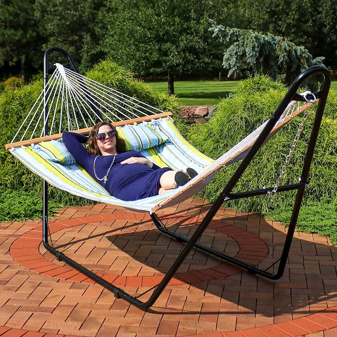 Sunnydaze Double Quilted Fabric Hammock with Universal Steel Stand - 450-Pound Capacity - Black Stand - Blue and Green - Image 9