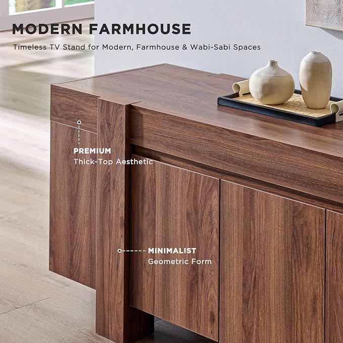 OKD Modern Farmhouse TV Stand, 70" Long Media Console Table with Storage Cabinet, Wooden Entertainment Center for Living Room, Walnut - Image 5