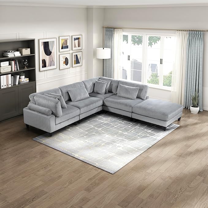 Lexicon 120 Inch Modular Sectional Sofa - Oversized 5 Seater Corduroy L Shaped Sectional Couch with Ottoman, 6 Accent Pillows, and Flexible Arrangement for Modern Living Rooms, Gray