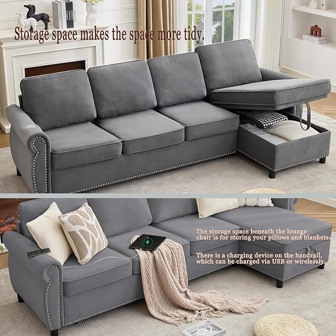 ERYE L-Shaped Reversible Sectional Sofa with Pull Out Queen Memory Mattress Sleeper Bed, 2-in-1 L-Shaped Corner Sectional Couches W/Wireless Charging, Storage Chaise Lounge
