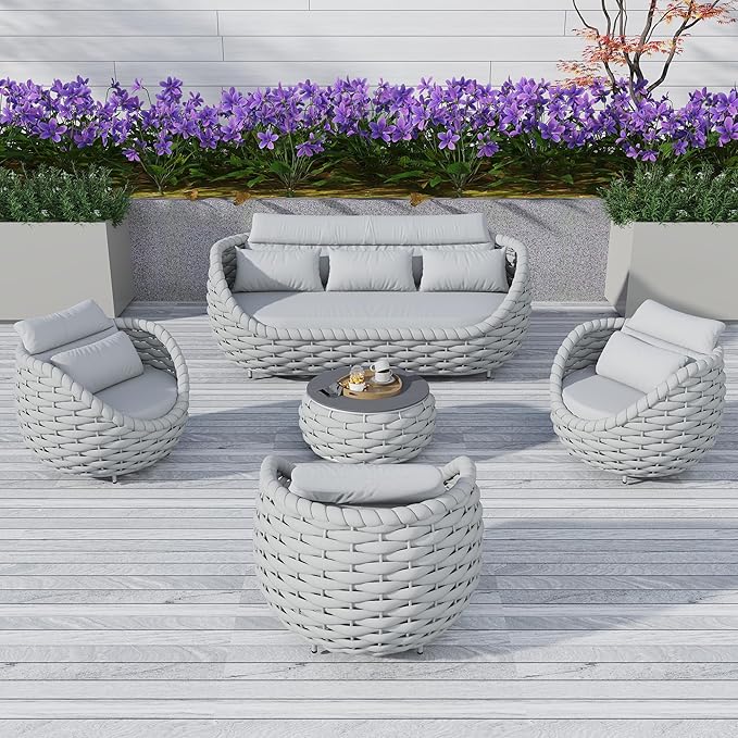 TWT Outdoor Patio Furniture Set-5 Pieces Aluminum Sectional Sofa, Metal Patio Conversation Set with Threeseat & Armchair, Textile Rope and Coffee Table, Light Grey