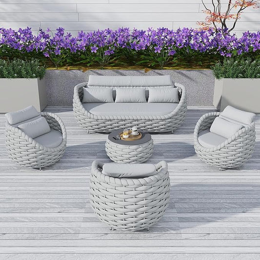 TWT Outdoor Patio Furniture Set-5 Pieces Aluminum Sectional Sofa, Metal Patio Conversation Set with Threeseat & Armchair, Textile Rope and Coffee Table, Light Grey