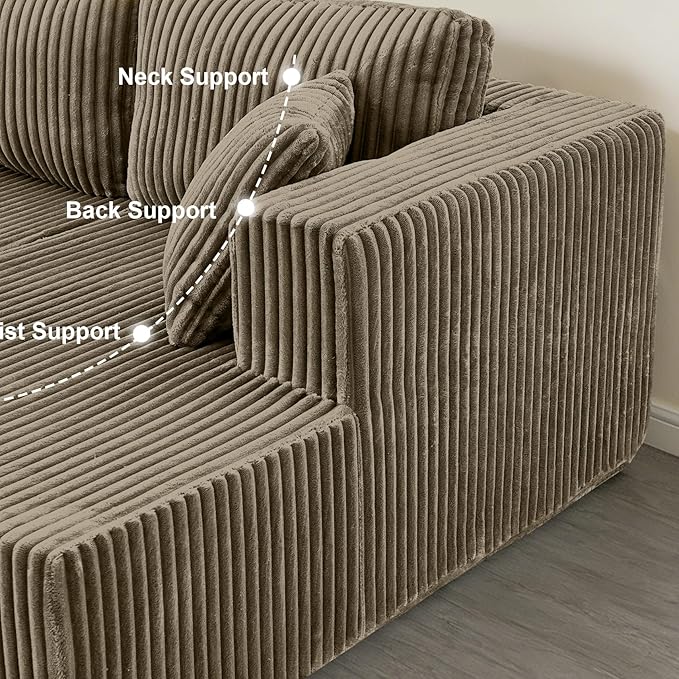 132.48" U-Shaped Sectional Couch, 4-Seat Frameless Modular Sofa with Oversized Chaise, Big Comfy Cloud Couch Set in Soft Corduroy, No-Assembly Boneless Sofas for Living Room, Compressed, Brown