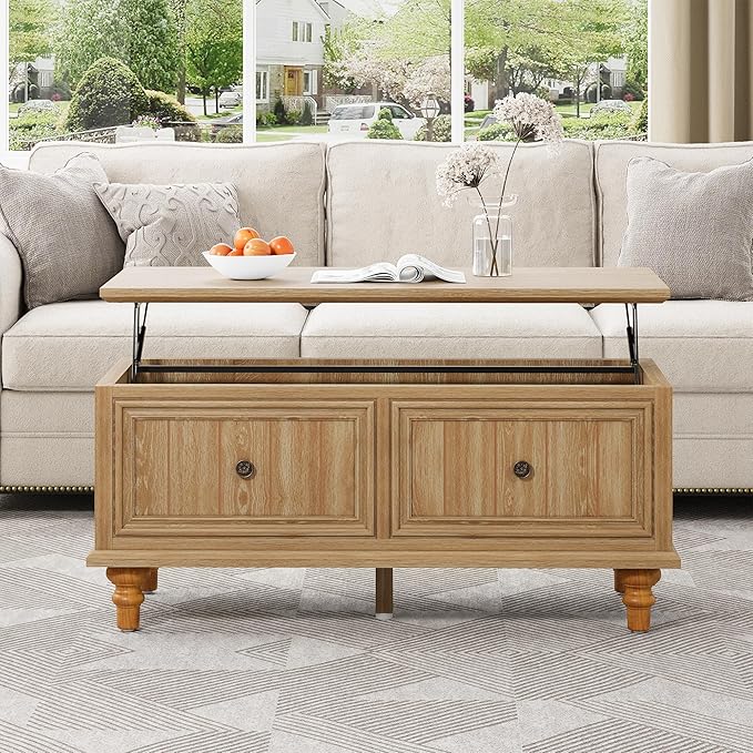 39" Lift Top Coffee Table, Wood Center Table with Storage, Retro Coffee Tables Rectangular Dining Table for Living Room Home Office Small Space (Natural)