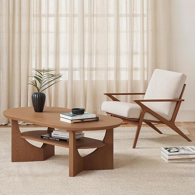 Mid Century Modern Coffee Table, 47" Oval Wood Coffee Tables for Living Room, 2 Tier Curved Round Center Table with Storage Shelf & Sturdy Base, Minimalist Retro Tea Tables