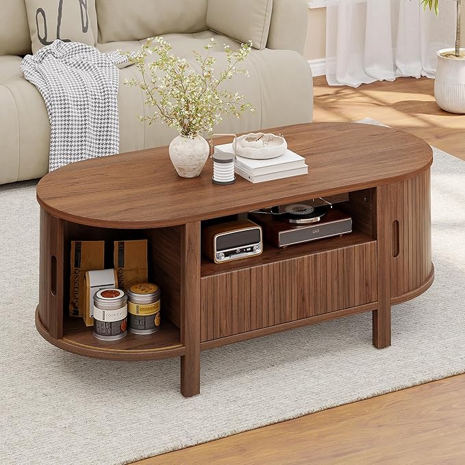 47" Oval Coffee Table, Tambour Design Coffee Tables for Living Room, Mid Century Modern Wood Coffee Table, 3-Tier Accent Center Table with Storage, Large Drawer, Walnut