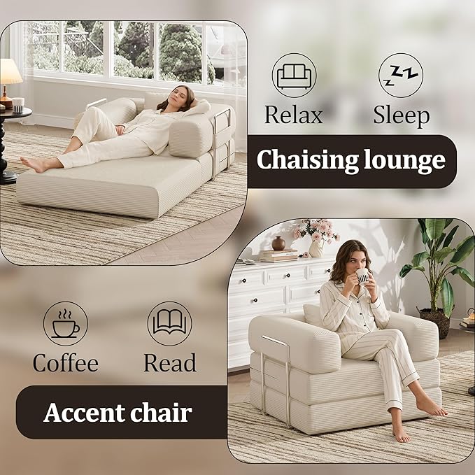 Folding Sofa Bed, 2 in 1 Convertible Sofas to Lounger Comfy Single Bean Bag Chair Floor Portable Foldable Sleeper Lazy Futon Couch Chair for Bedroom, Living Room (Beige, 35.43" Single Sofa)