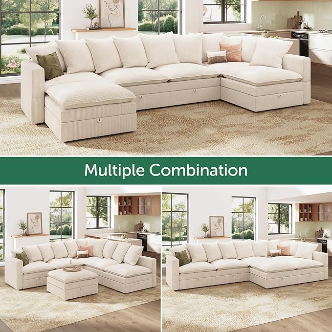 HONBAY Modular Sectional Sleeper Sofa, Corduroy 6 Seater Couch with Storage, Sectional Sleeper Couches for Living Room, Beige