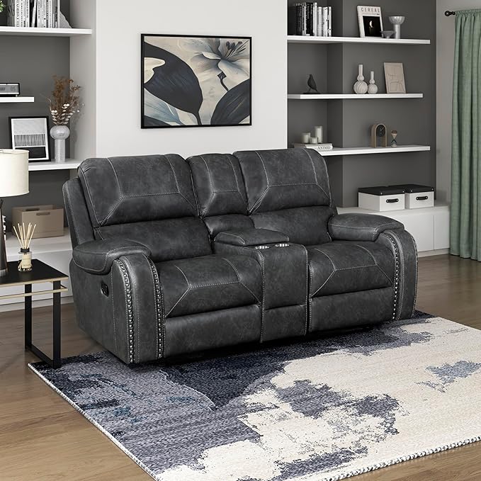 Lexicon Modern Double Reclining Loveseat, Faux Leather Recliner Loveseat with Nailhead, Center Console, Receptacle and USB Ports, Manual Recliner Loveseat Couch for Living Room/Office/Apartment, Grey
