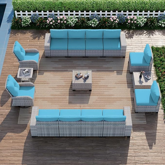 15-Piece Outdoor Patio Furniture Set with Rocking Swivel Chair Wicker Sectional Sofa Set, Patio Conversation Set with Thickened Cushions & Coffee Table for Garden, Backyard, Turquoise