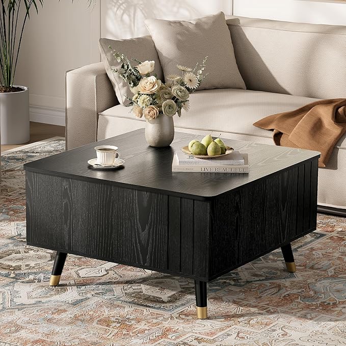 Square Coffee Table with Lift-Top & Flip-Top Storage, 36" Lift Tabletop Dining Center Table with Solid Wood Legs, Functional Modern Black Coffee Tables for Living Room Small Space or Office