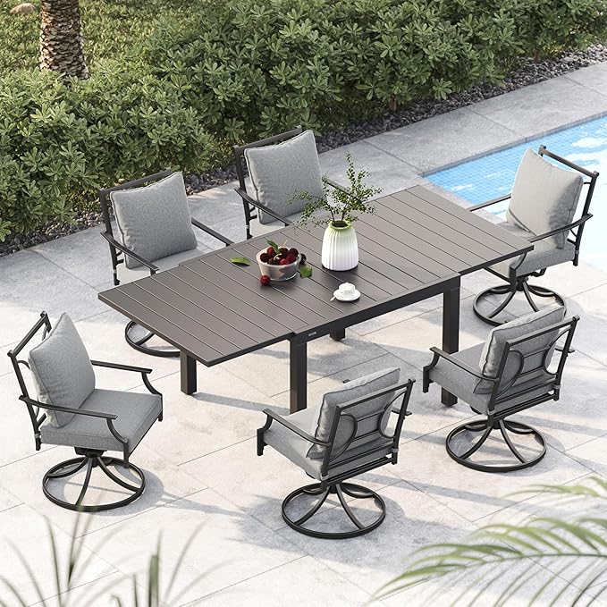 Grand patio 7-Piece Patio Dining Set for 6, 6 E-Coated Outdoor Dining Set Swivel Patio Dining Chairs with Olefin Cushions & 1 Black Extendable Rectangular Table for 4-6 Person by GrandPatio
