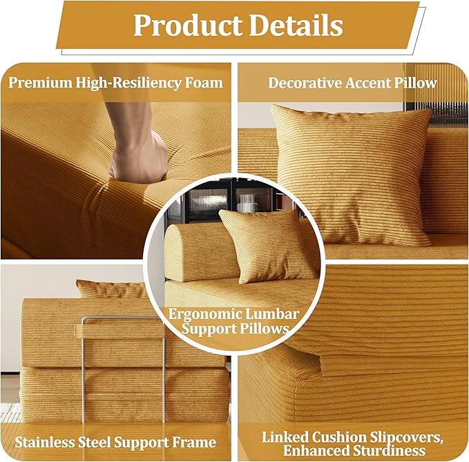 31.5'' Convertible Compressed Corduroy Folding Cloud Sofa Bed Set of 2, 2 Pieces Modern Boneless Pull Out Sleeper Sofa Couch, 3 in 1 Portable Lazy Floor Lounge Chair Set, No Assembly Needed, Yellow