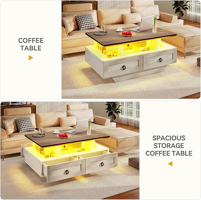 DWVO LED Coffee Table with Storage 4 Drawers, Modern High Glossy Coffee Tables for Living Room, White Rectangle Coffee Table Small Center Table with Open Display Shelf & Sliding Drawers, Brown and Oak