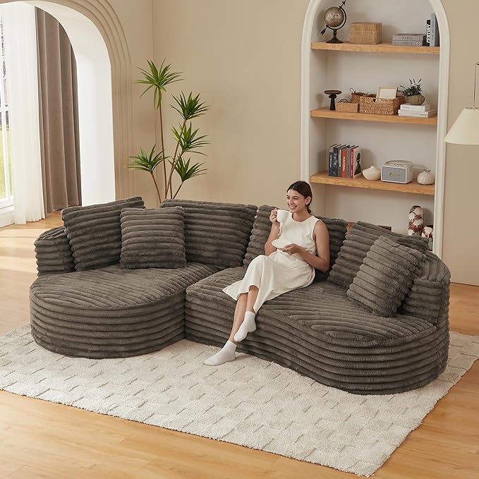 Plush Corduroy Cloud Sectional Sofa with Curved Chaise, Oversized 2 Pieces Modular Lounge Sofa with Deep Seat, Upholstered Sponge Compressed Couches for Living Room Bedroom,No Assembly Required