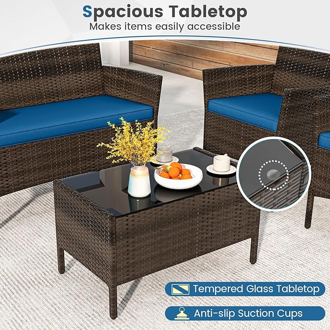 DORTALA Wicker Patio Furniture Set 4 Piece, Outdoor PE Rattan Table & Chairs Set with Tempered Glass Coffee Table, Loveseat, Cushions, Conversation Set for Balcony, Porch, Backyard, Deck, Peacock Blue