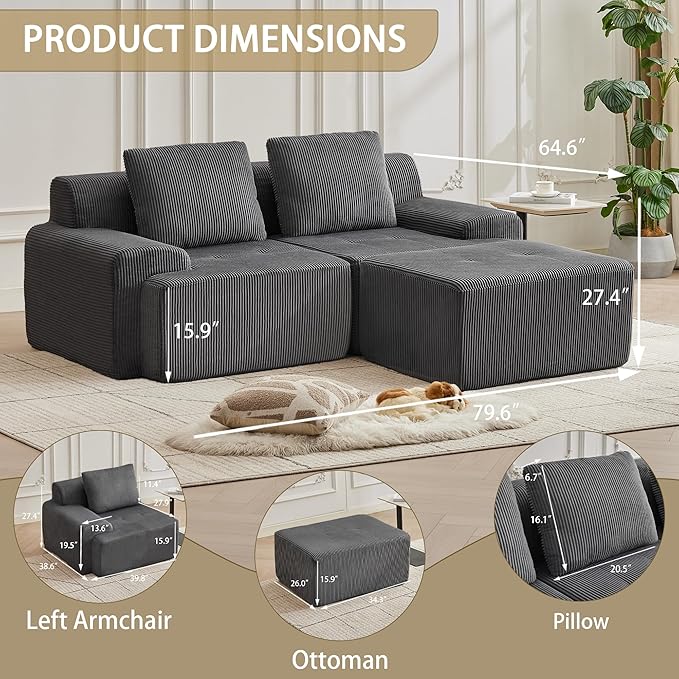 Modular Sectional Sofa with Movable Ottoman, 2 Seat Deep Seat Couch with 2 Pillow, Comfy Cloud Sectional Sofa for Living Room, Bedroom and Apartment (Grey, 1 Left+1 Right+1 Ottoman)
