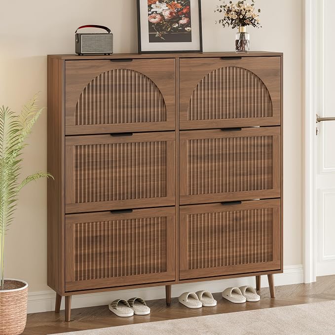 BORNOON Shoe Cabinet for Entryway with 6 Flip Drawers, Slim Wooden Shoe Storage Organizer with Modern Fluted Pannel，Freestanding Narrow Hidden Shoe Rack for Hallway, Foyer, Living Room by BORNOON
