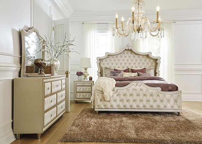 Coaster Home Furnishings Antonella Modern Classic 4-Piece Bedroom Set Velvet Upholstered Eastern King Size Panel Bed Frame 79-inch Headboard Ivory and Camel 223521KE-S4