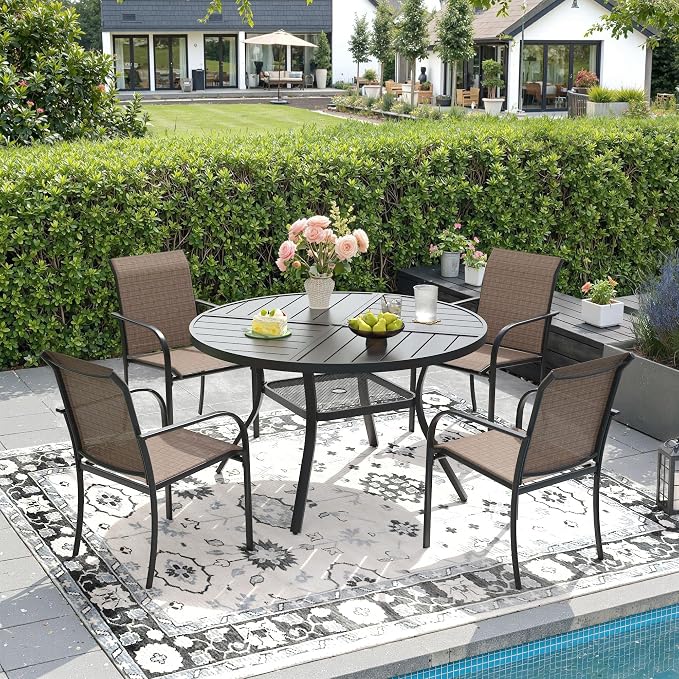 DIFY Patio Dining Set for 4, 5 Piece Outdoor Table and Chairs Set, 40.6" Black Round Metal Patio Dining Table and 4 Brown Textilene Stackable Patio Chairs, for Backyard Garden Poolside by DIFY