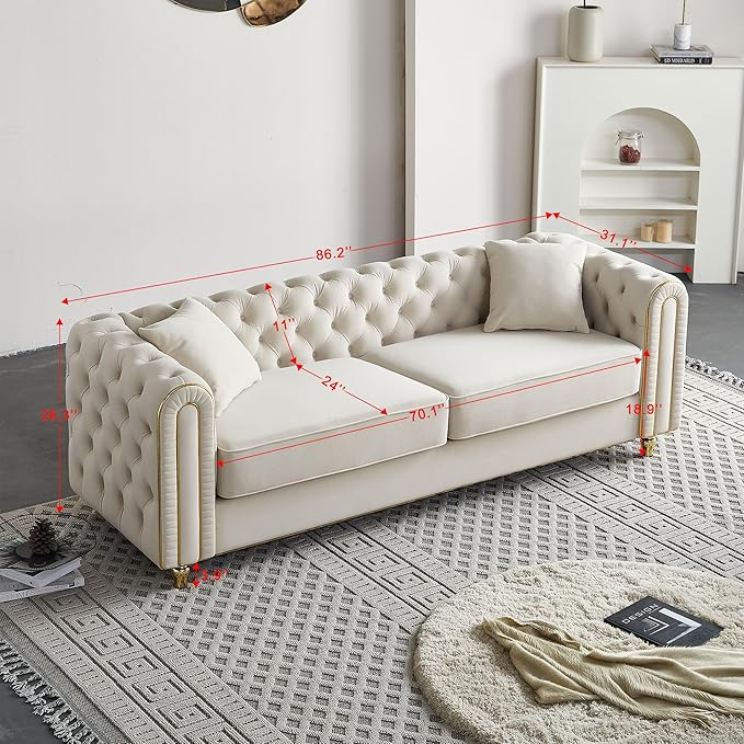 KEIKI 86" Chesterfield Velvet Button Tufted Sofa with High Density Foam Cushions and 2 Toss Pillows, Modern Style 3-Seater Couch with Gold Strip Trim Decoration, Easy Assembly, for Living Room, Beige